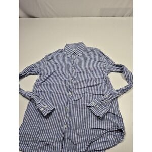 Sorrento Shirt Mens L Blue White Stripe 100% Linen Long Sleeve Button Up FLAW